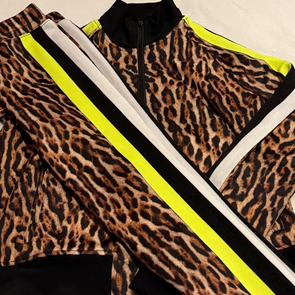 Pam & Gela Leopard Print Jacket and Pants Set with Neon Highlights